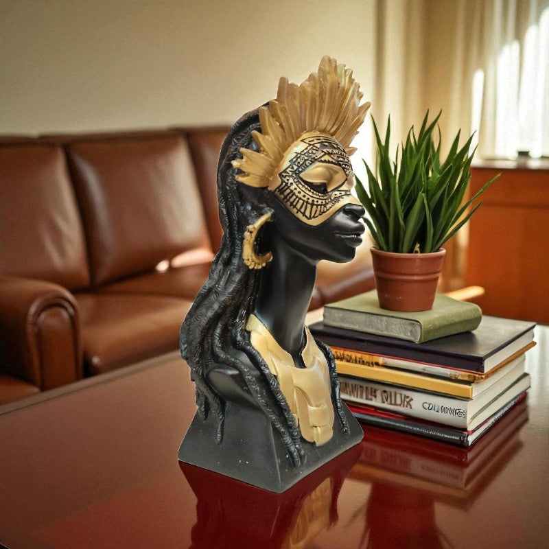Decorative bust with a mask on a table in a living room setting