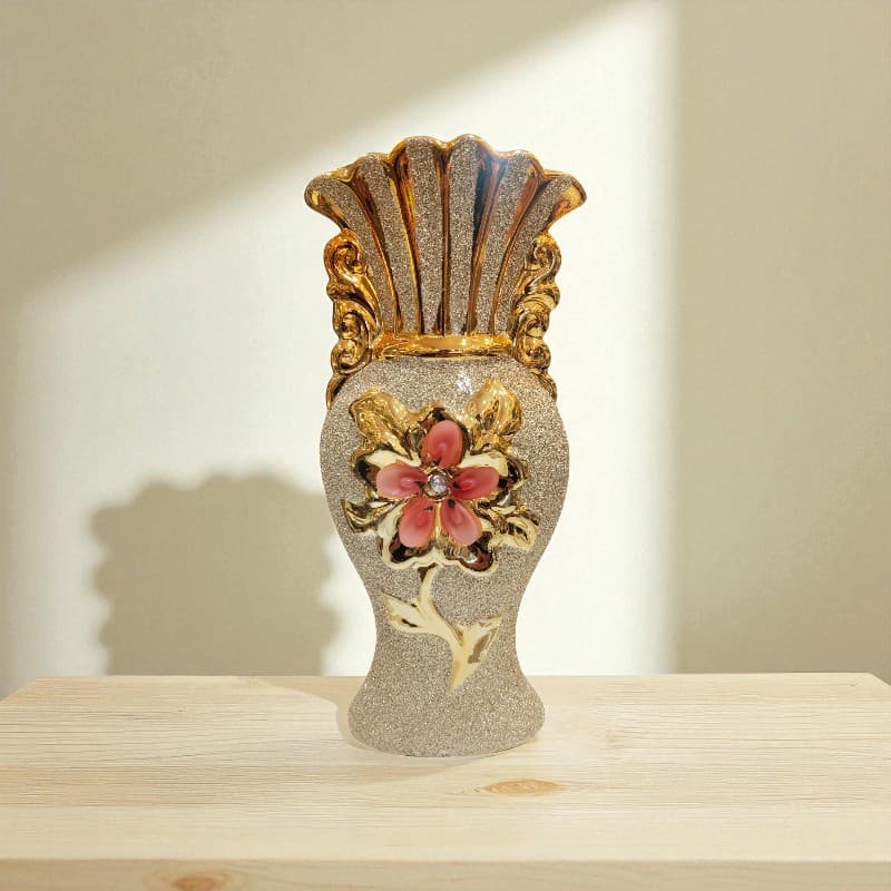 Golden Floral Glitter Vase Decorative Poly Resin Home Accent Motumal-motumal