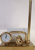 Golden Ganesh Desk Clock Card Holder Pen Stand Motumal-motumal