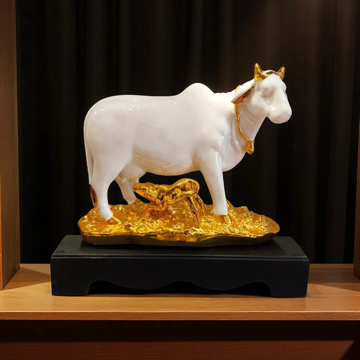 Golden Kamdhenu Cow Calf Idol Puja Decor Blessings Motumal-motumal
