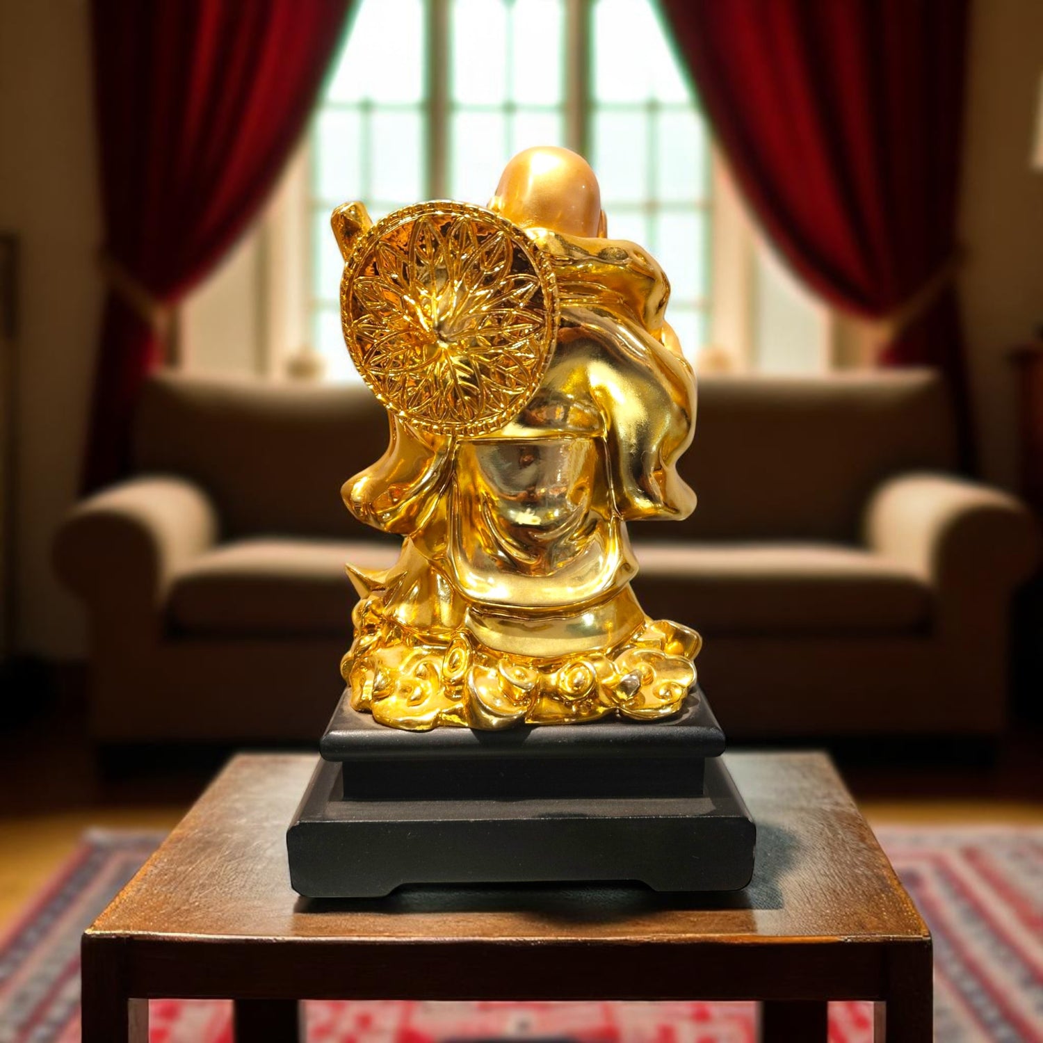 back view of golden laughing buddha with coin sack – ranchi gift store