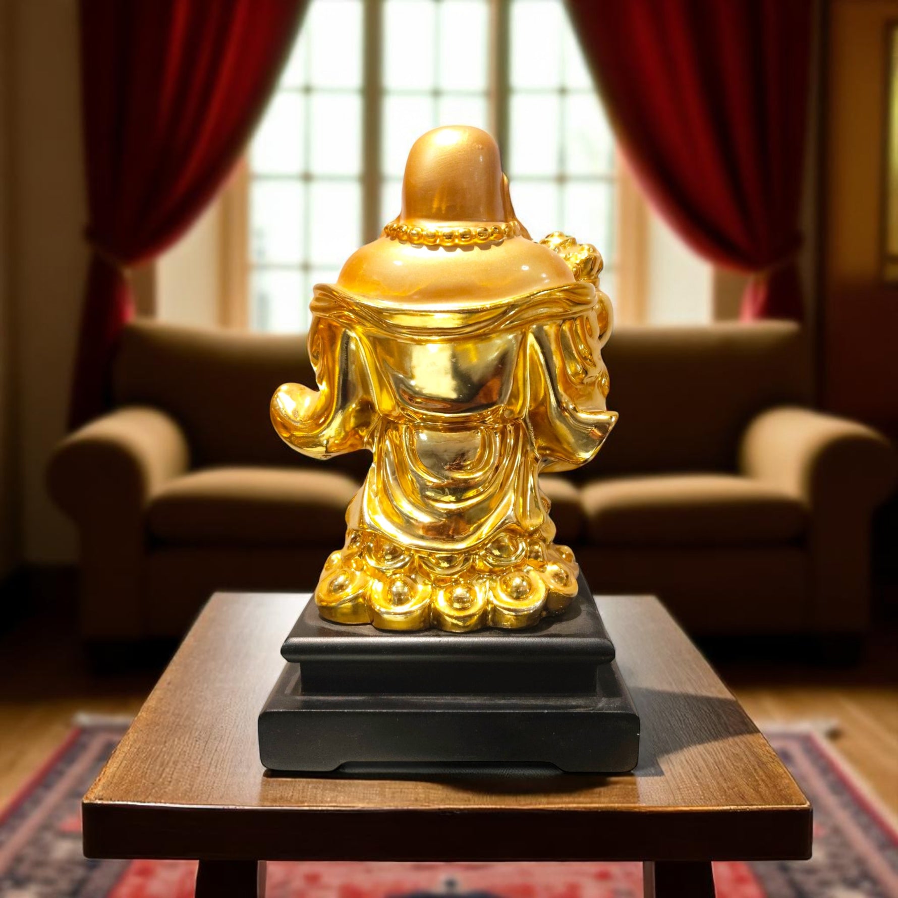 Rear view of golden finish laughing buddha statue – Feng Shui idol