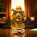 Back view of Lucky Laughing Buddha idol in golden robe