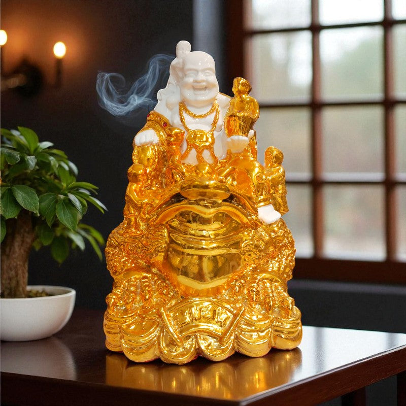Gold Buddha statue with smoke on a reflective surface, blurred indoor background