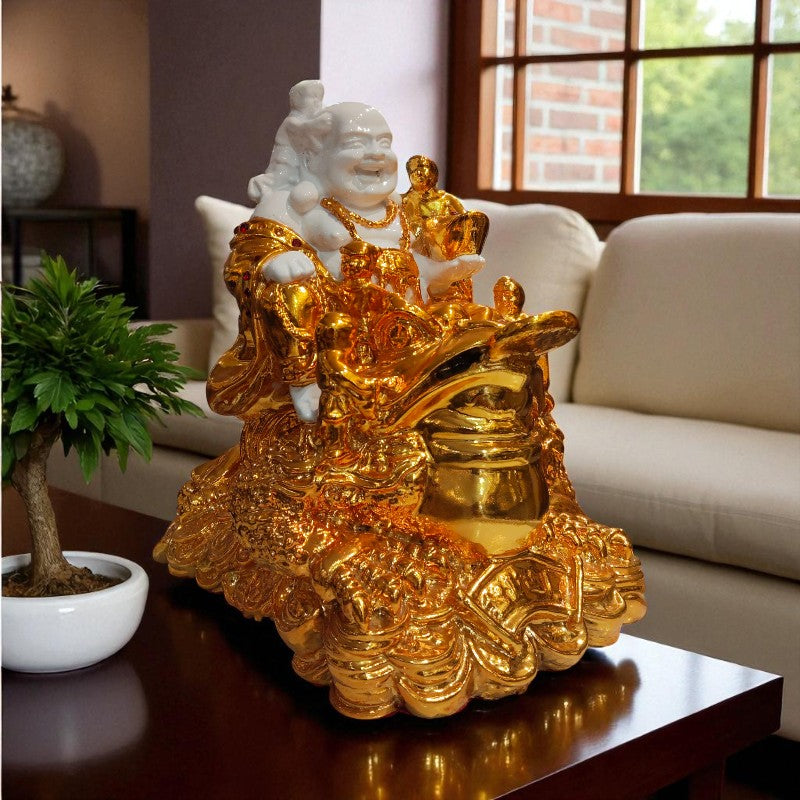 Gold and white decorative statue on a table in a living room setting