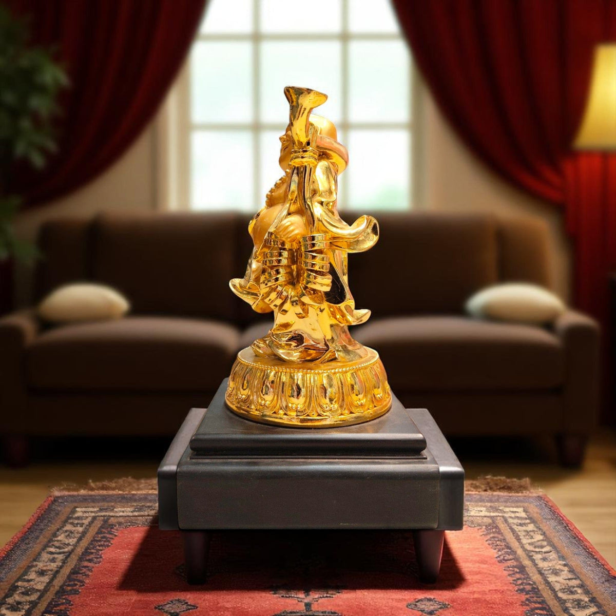 Golden Laughing Buddha Figurine Holding Coins Ruyi Staff Motumal-motumal