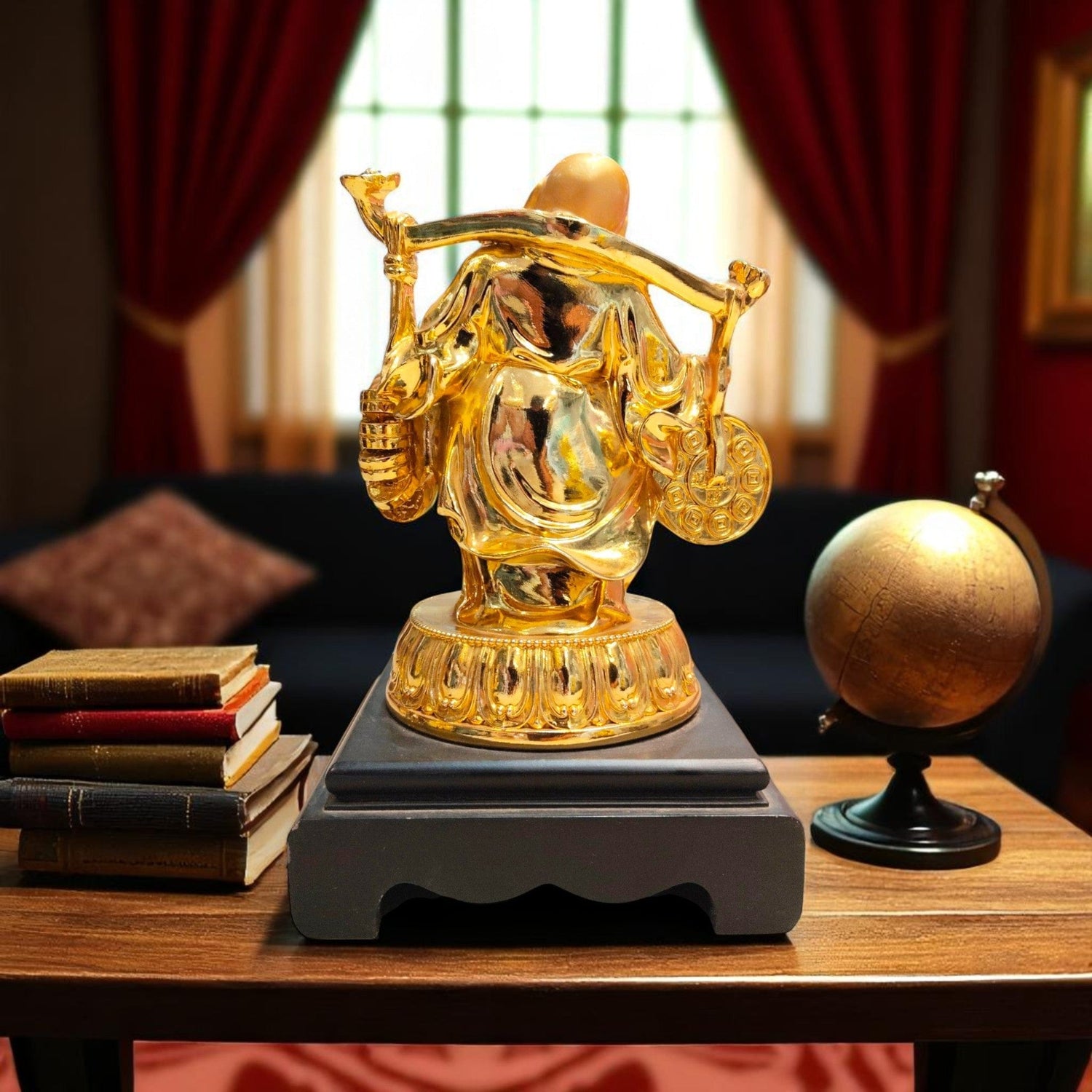 Golden Laughing Buddha Figurine Holding Coins Ruyi Staff Motumal-motumal