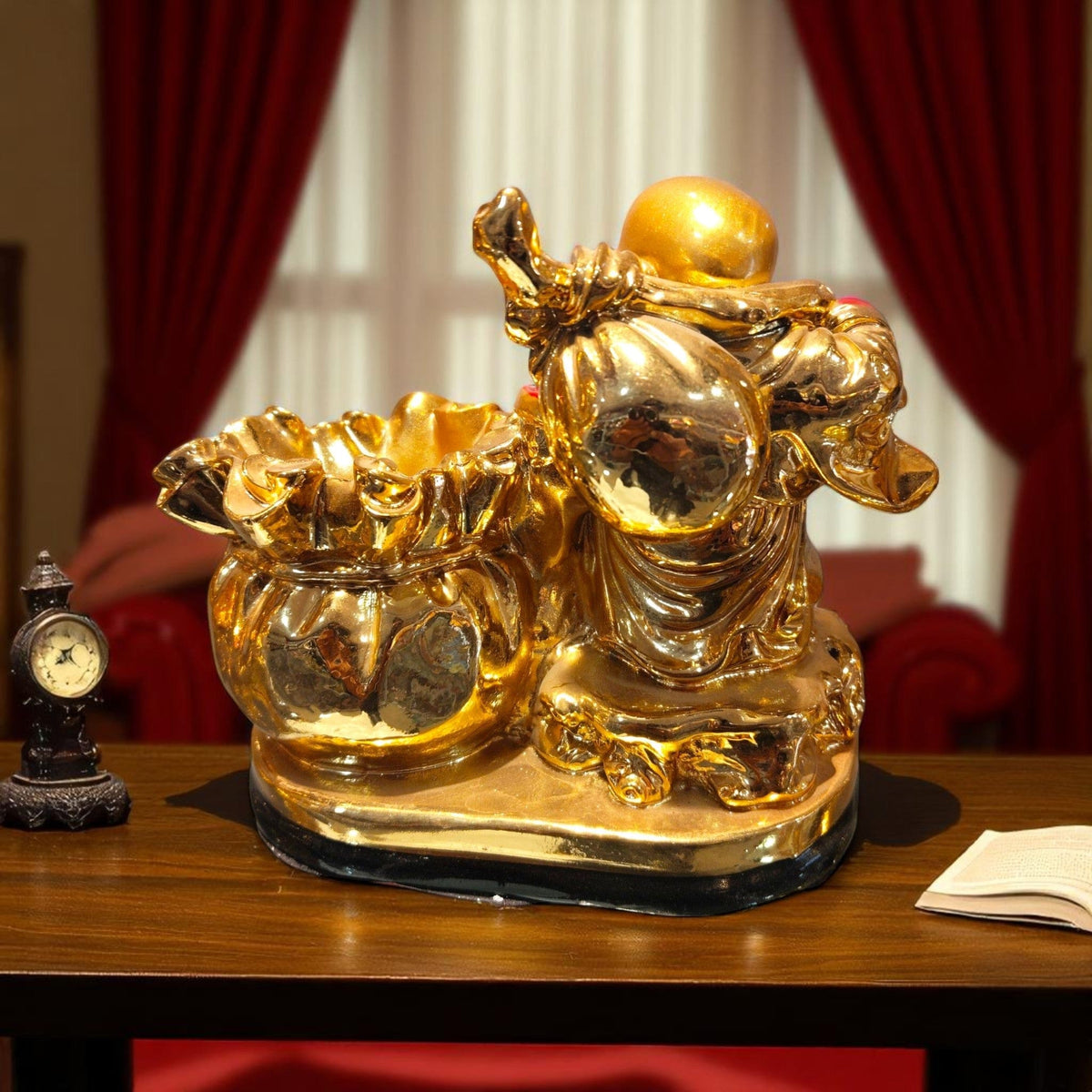 Golden Laughing Buddha Figurine Potli Treasure Bowl Motumal-motumal