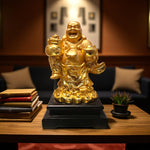 Front view of Golden Laughing Buddha with Wealth Pot – Motumal Giftwala Ranchi