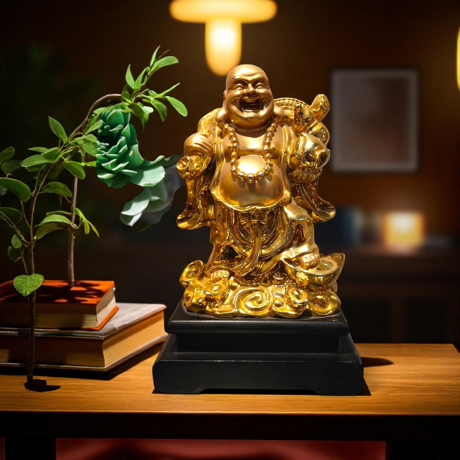 golden laughing buddha idol front view on wooden table – motumal giftwala ranchi