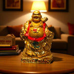 Golden Laughing Buddha showpiece with cash text front view