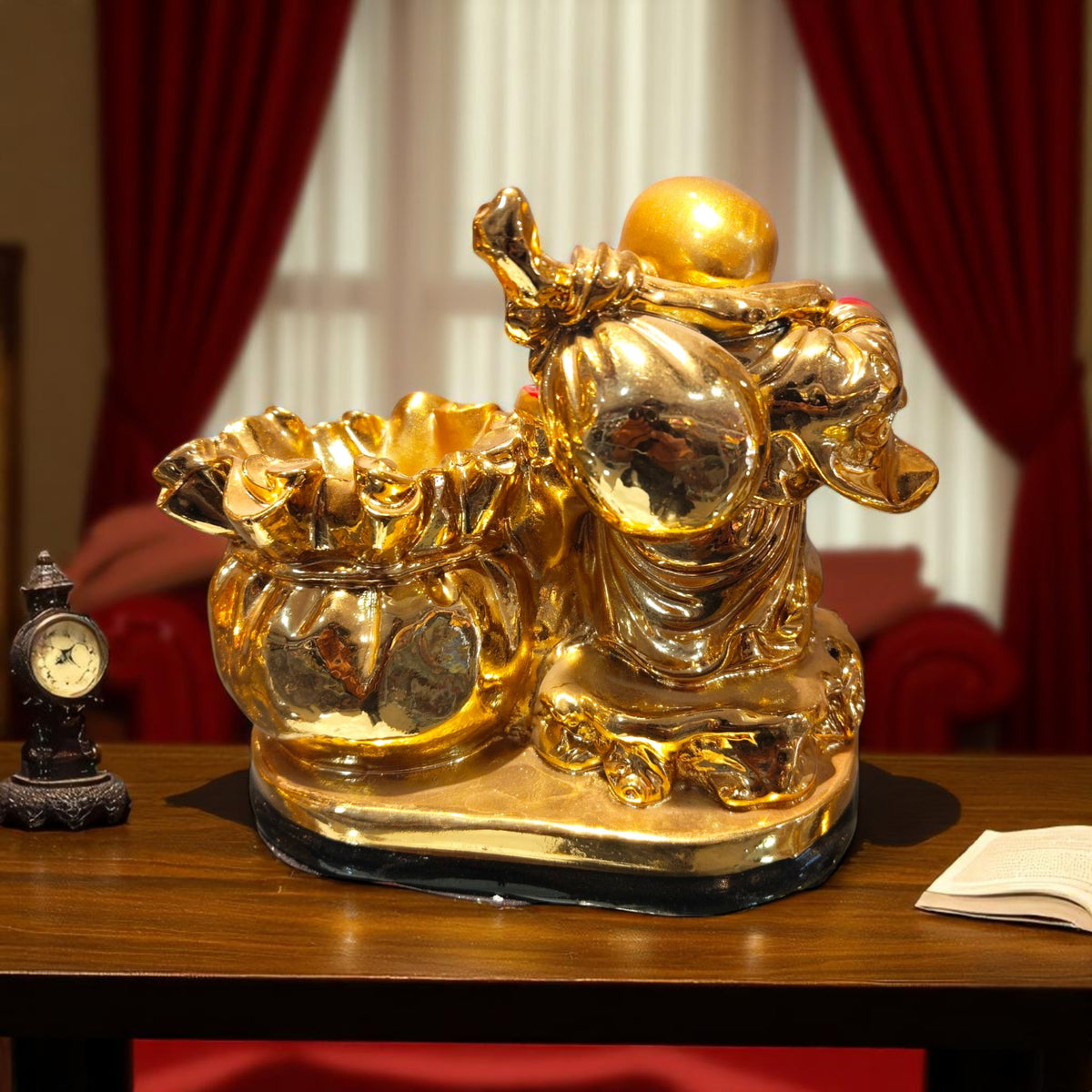 Back view of Laughing Buddha statue showing detailed design and shine – for home decor