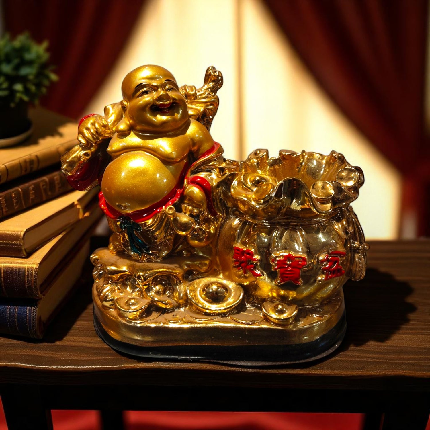 Front view of golden Laughing Buddha with treasure bowl and potli – Motumal Giftwala Ranchi