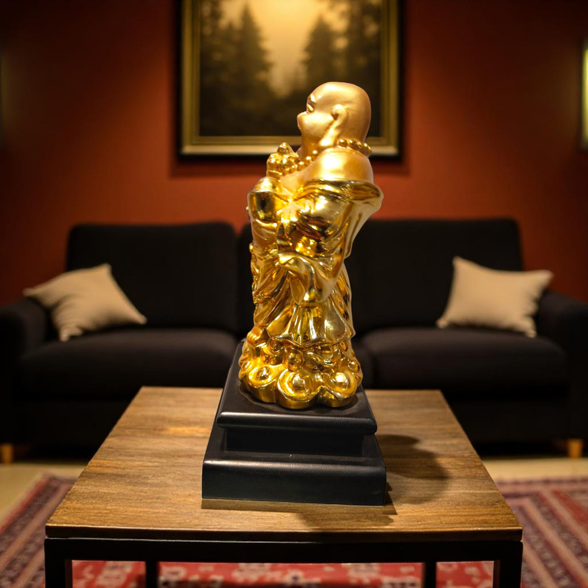 Side view of Laughing Buddha holding money pot – Lucky home décor