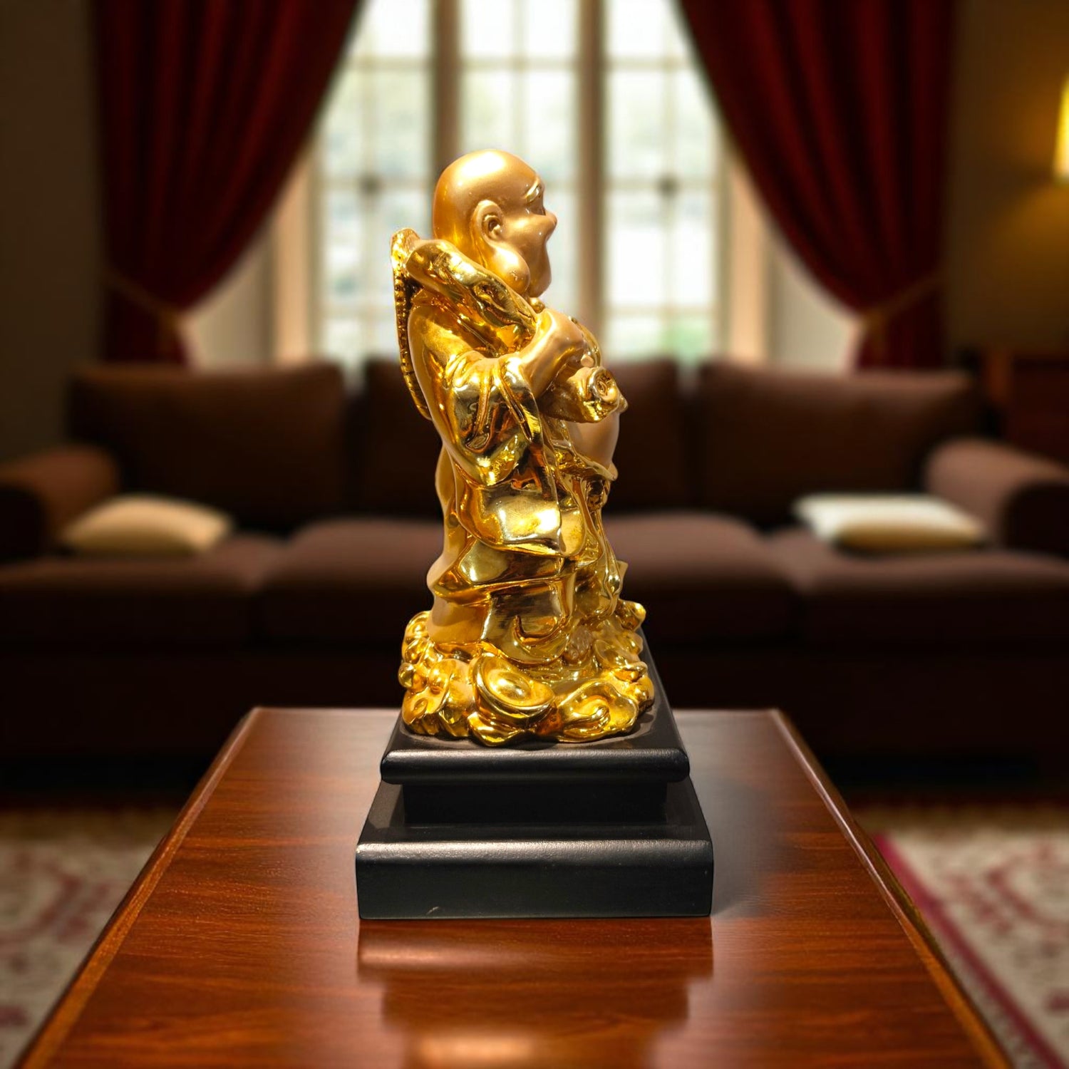 side angle of laughing buddha statue for vastu décor – motumal giftwala