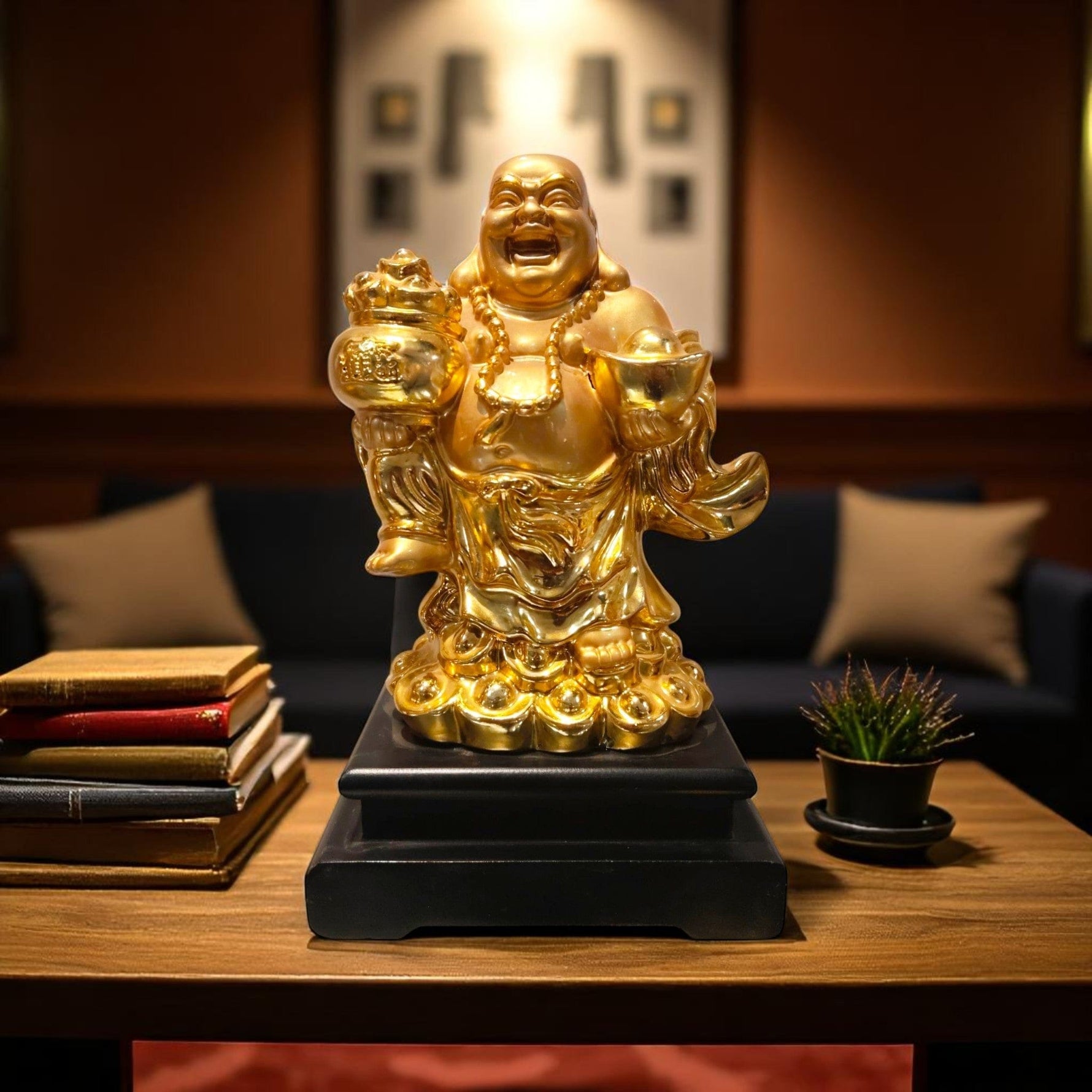 Golden Laughing Buddha Wealth Pot Decor Figurine Prosperity Motumal-motumal