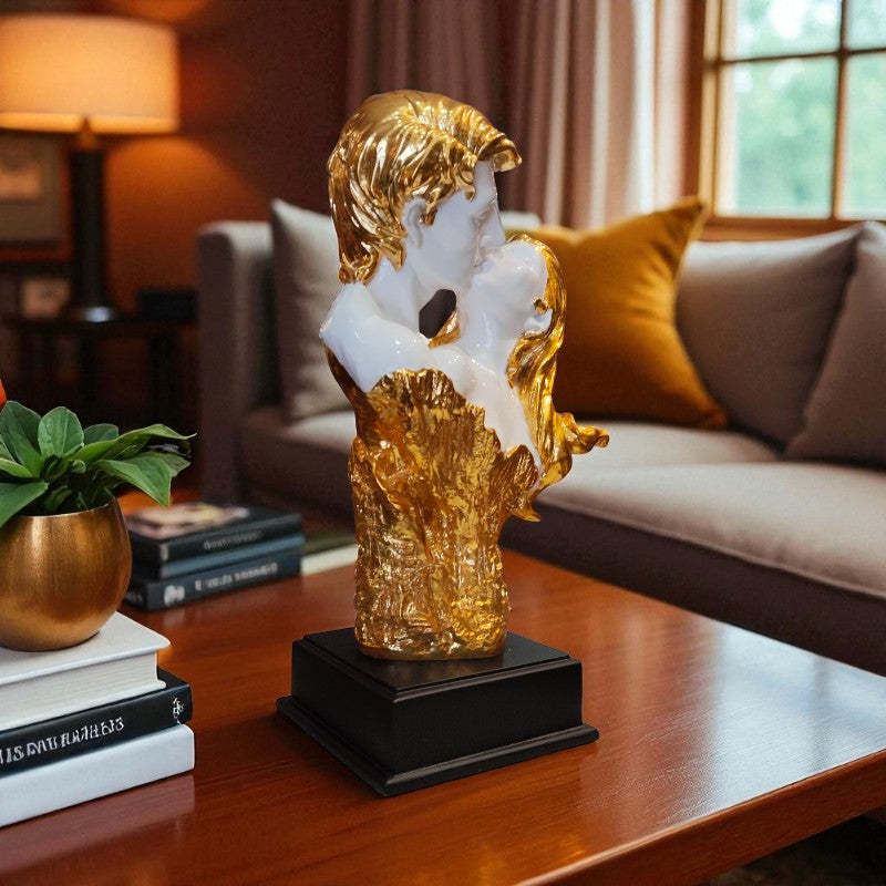 Decorative sculpture on a table with a living room background