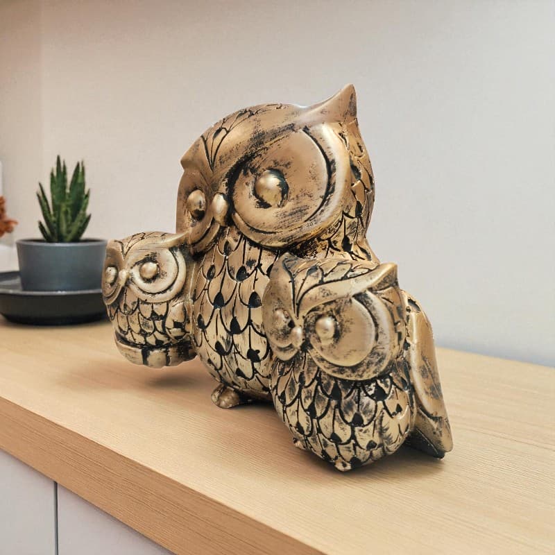 Golden Wisdom Owl Family Figurine Trio Decor Accent Motumal-motumal
