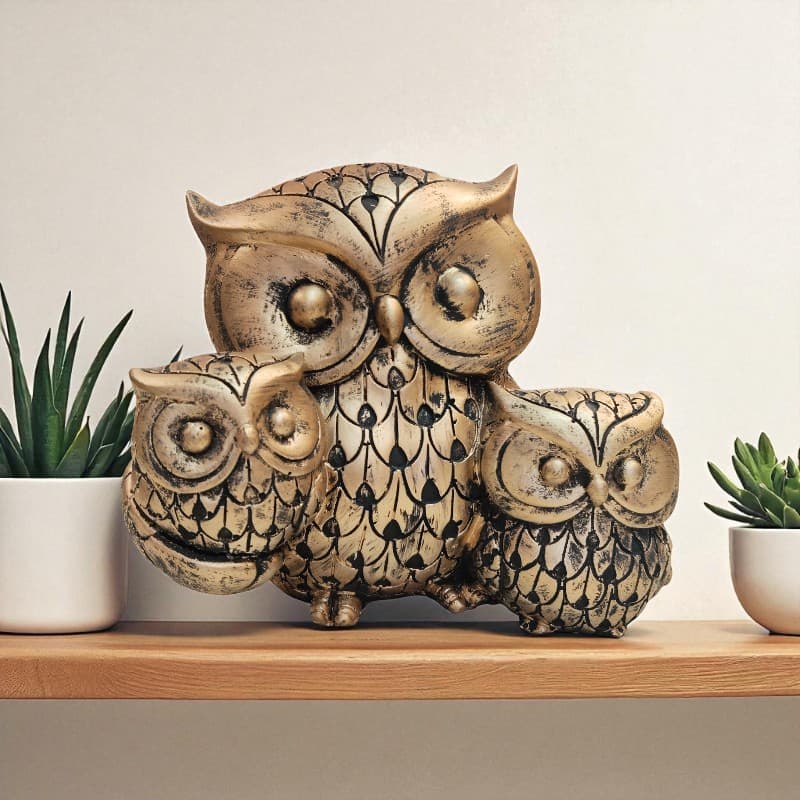 Golden Wisdom Owl Family Figurine Trio Decor Accent Motumal-motumal