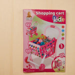 Front of kids shopping cart toy set packaging with 3 in 1 design and colorful accessories.