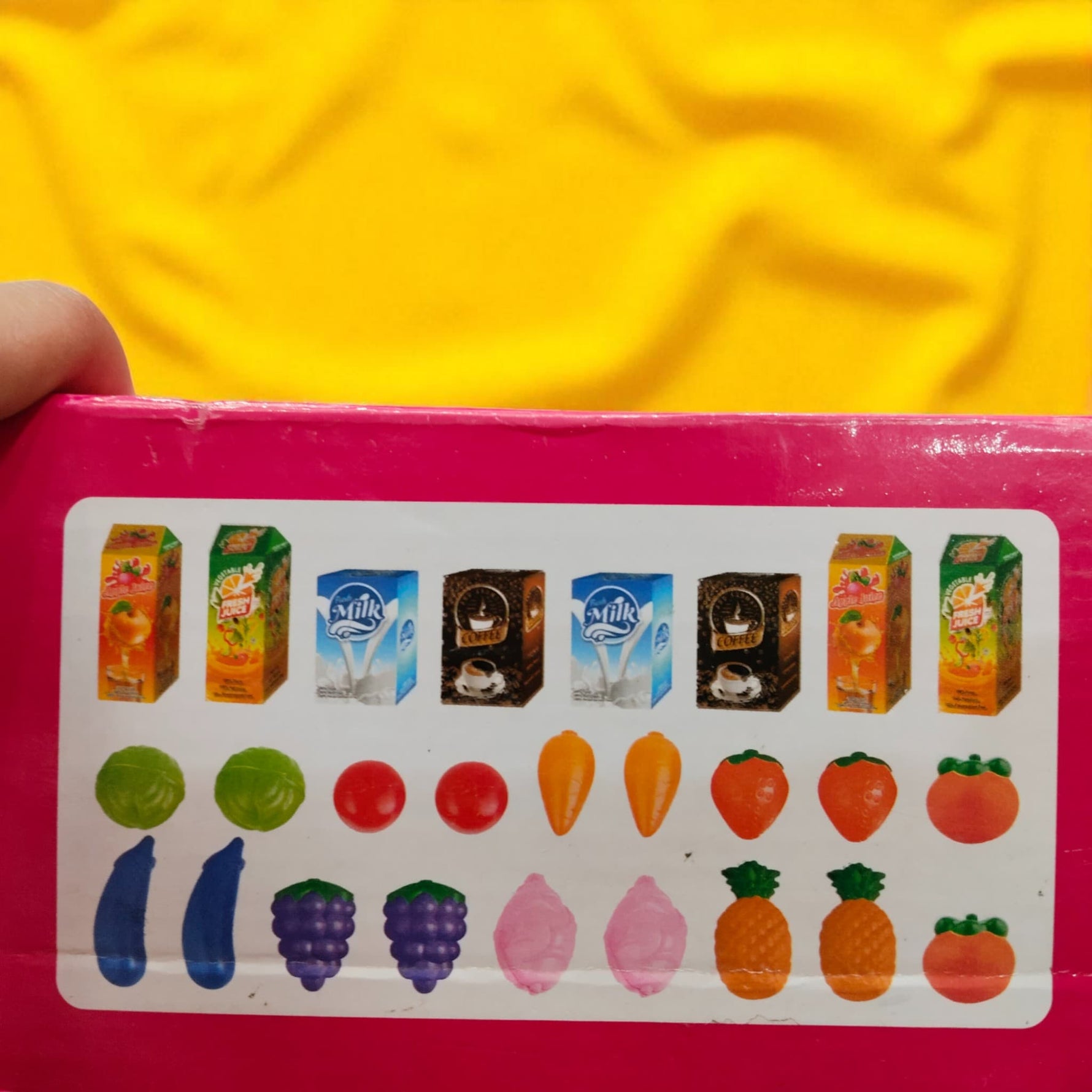 Assorted plastic fruits vegetables and grocery cartons for kids shopping cart toy set