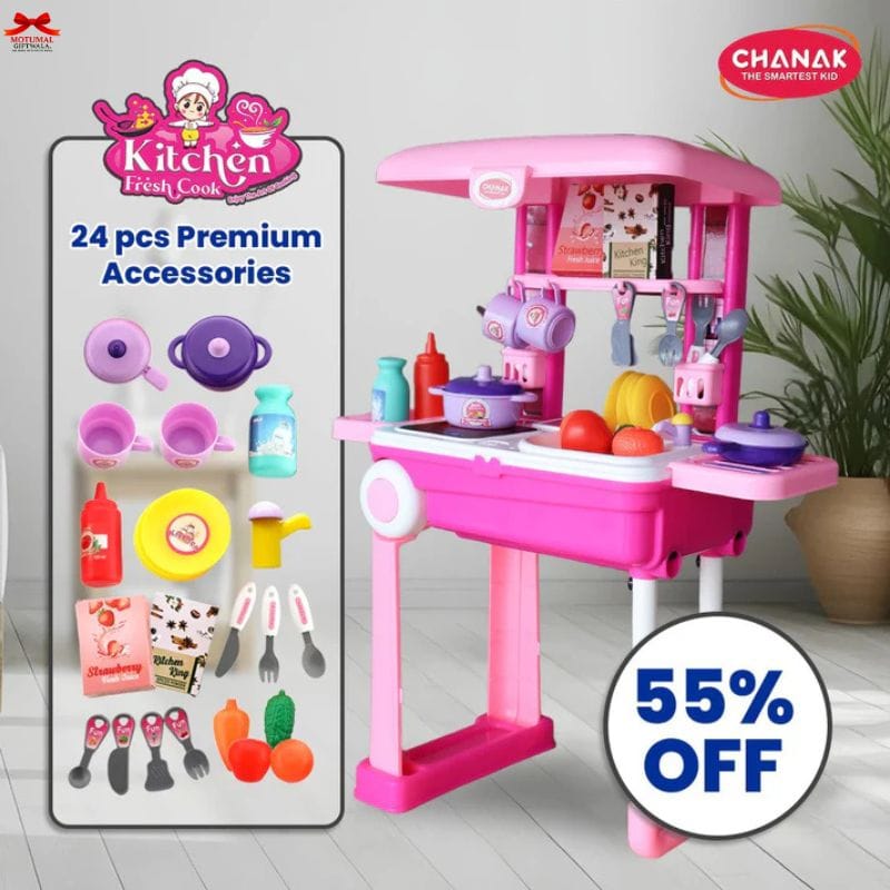 Kitchen Trolley 3in1 Pink Suitcase Style Toy Kitchen Accessories-motumal