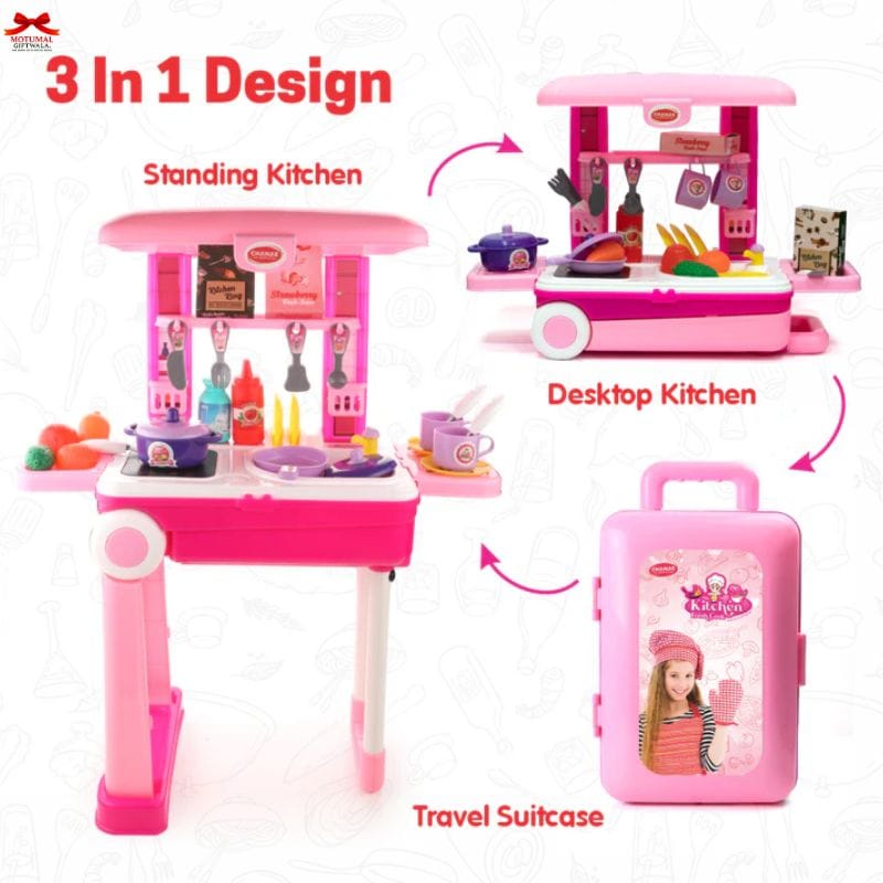 Kitchen Trolley 3in1 Pink Suitcase Style Toy Kitchen Accessories-motumal