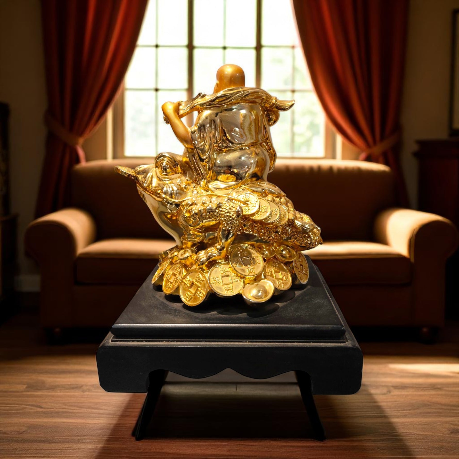 Back view of wealth-attracting golden Buddha statue