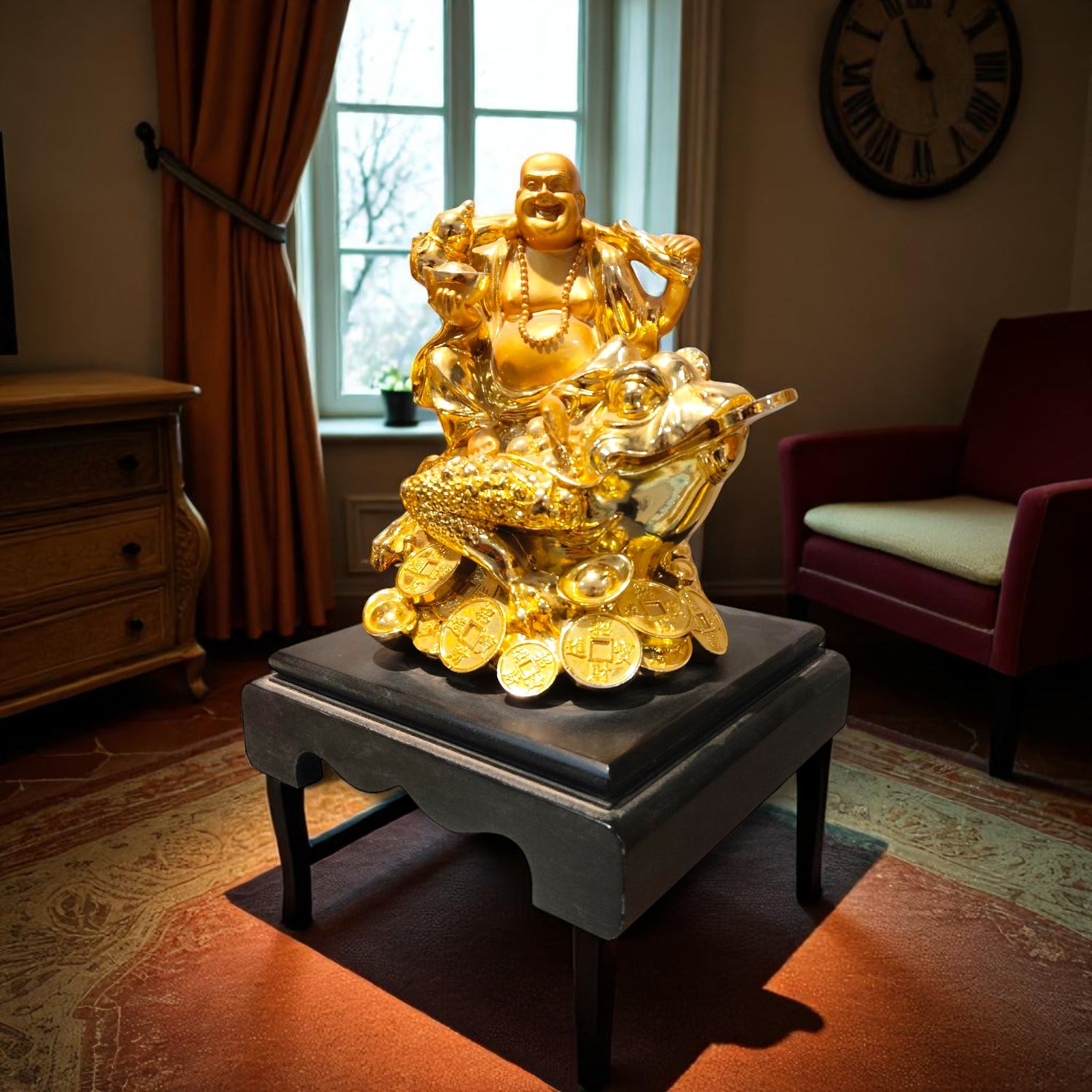 Laughing Buddha sitting on golden money frog – front view