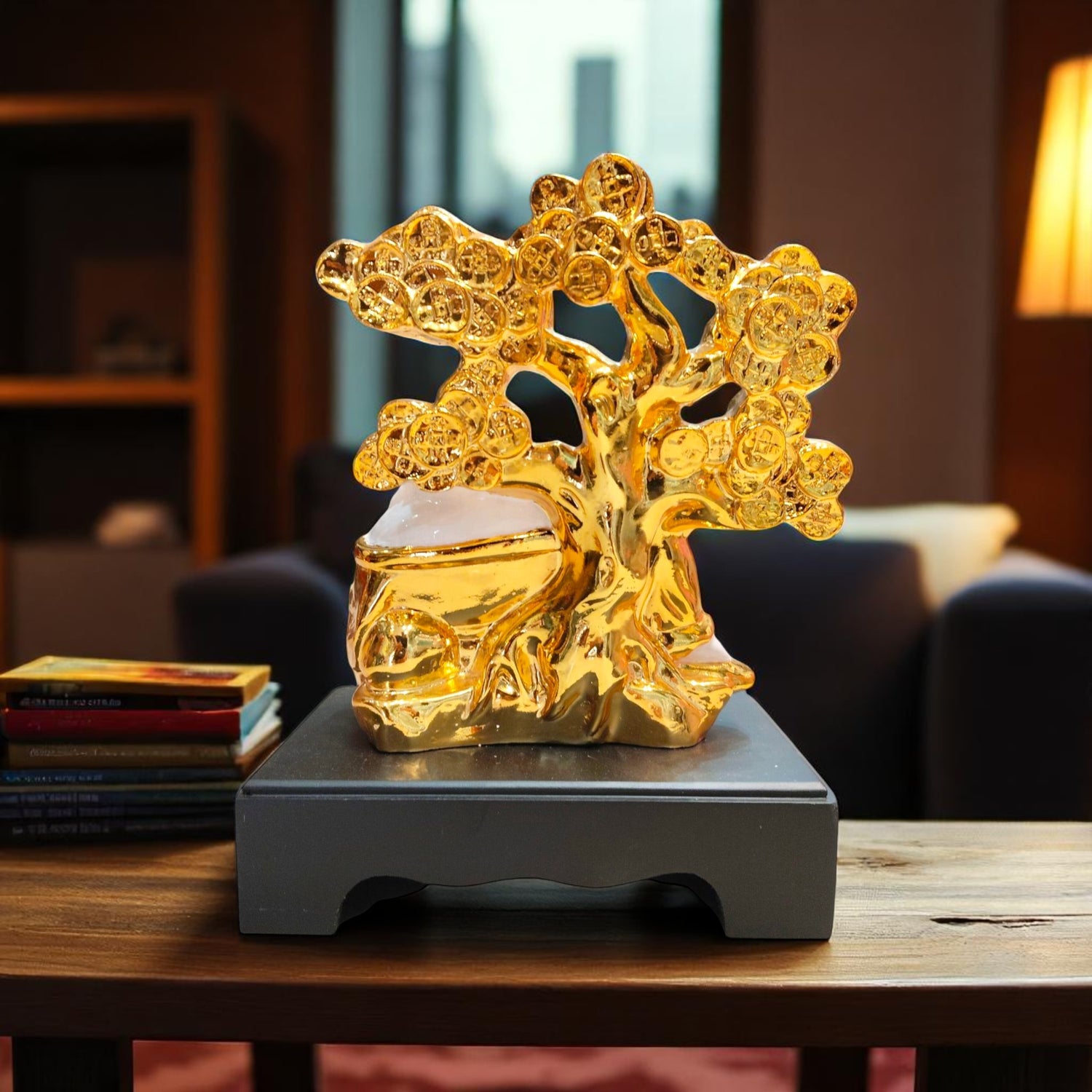 Back side of Money Tree Buddha statue in golden finish