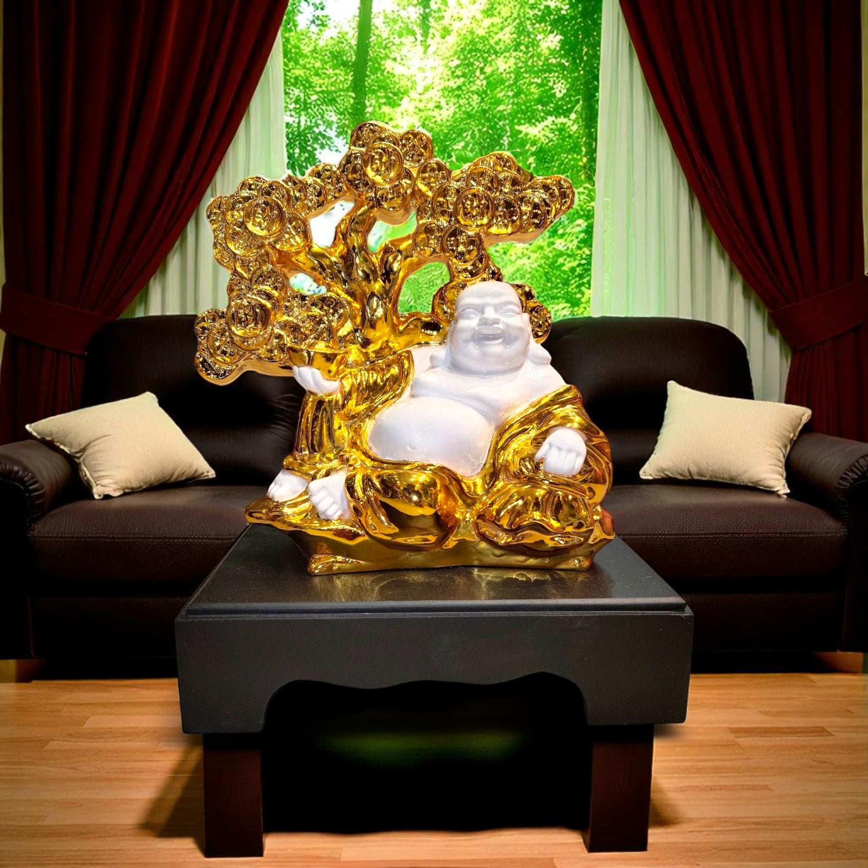 Golden Laughing Buddha with Money Tree front view showpiece