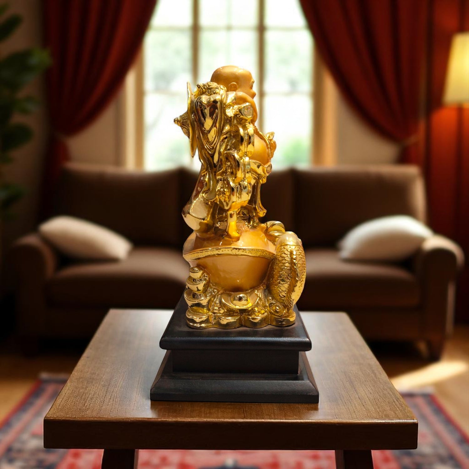 Back view of Laughing Buddha idol in white and gold, on wooden pedesta