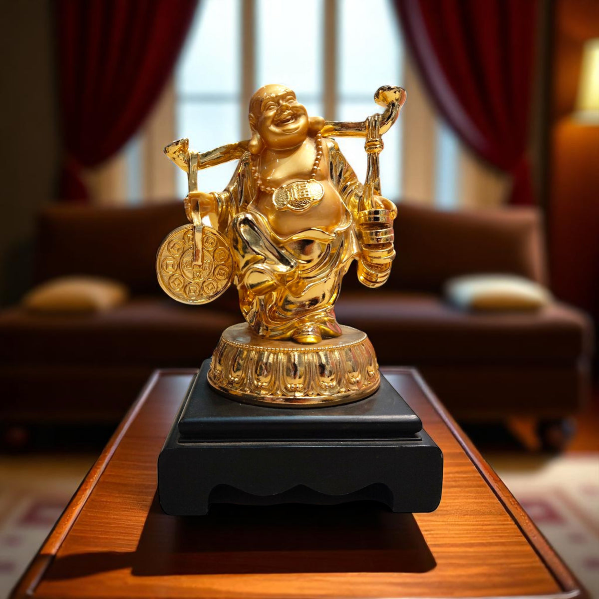 Front view of golden laughing buddha holding wealth coins and staff"