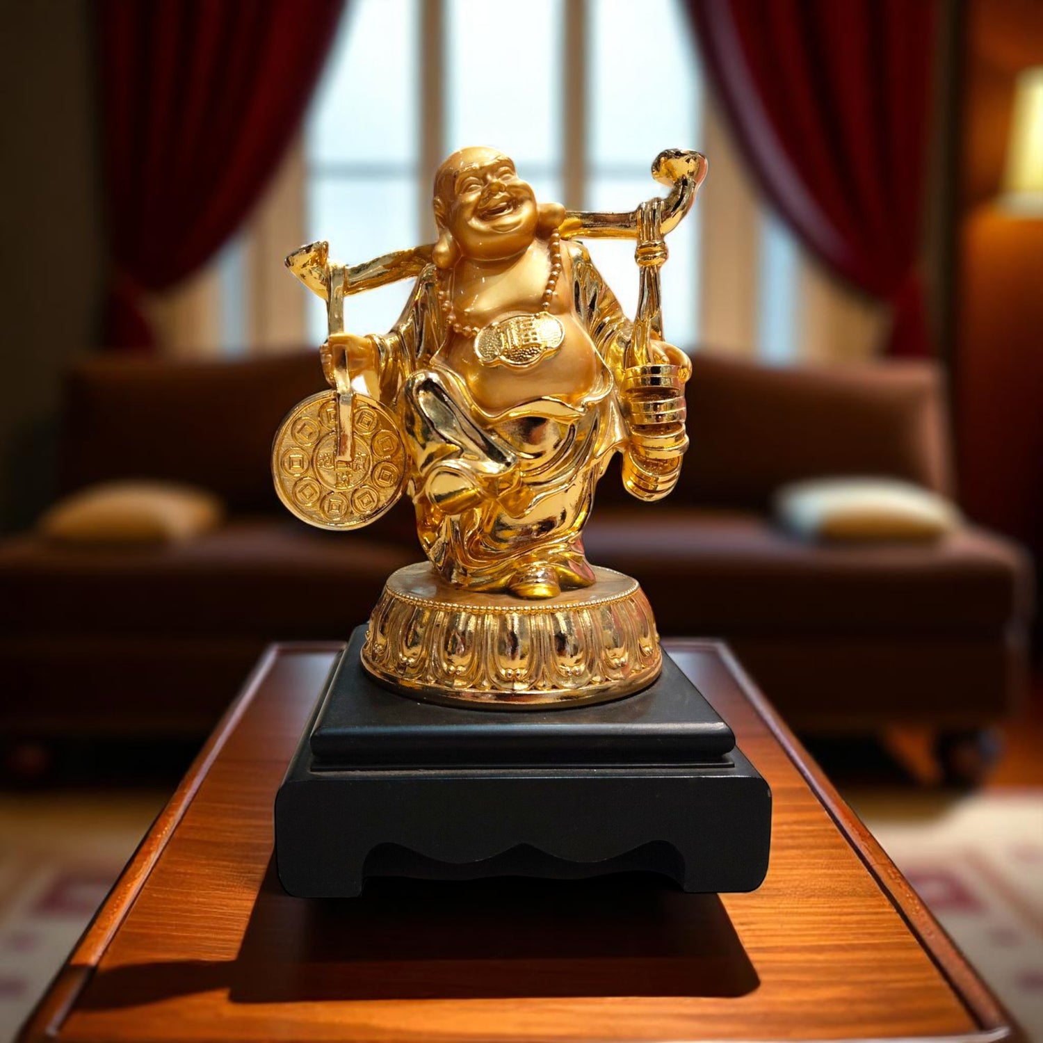 Front view of golden laughing buddha holding wealth coins and staff"