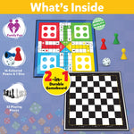 Board game packaging with colorful gameboard, pieces, and dice on a blue background.