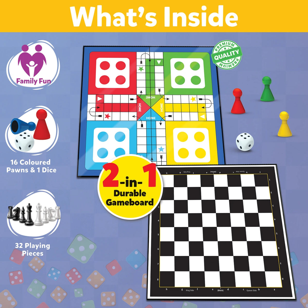 Board game packaging with colorful gameboard, pieces, and dice on a blue background.