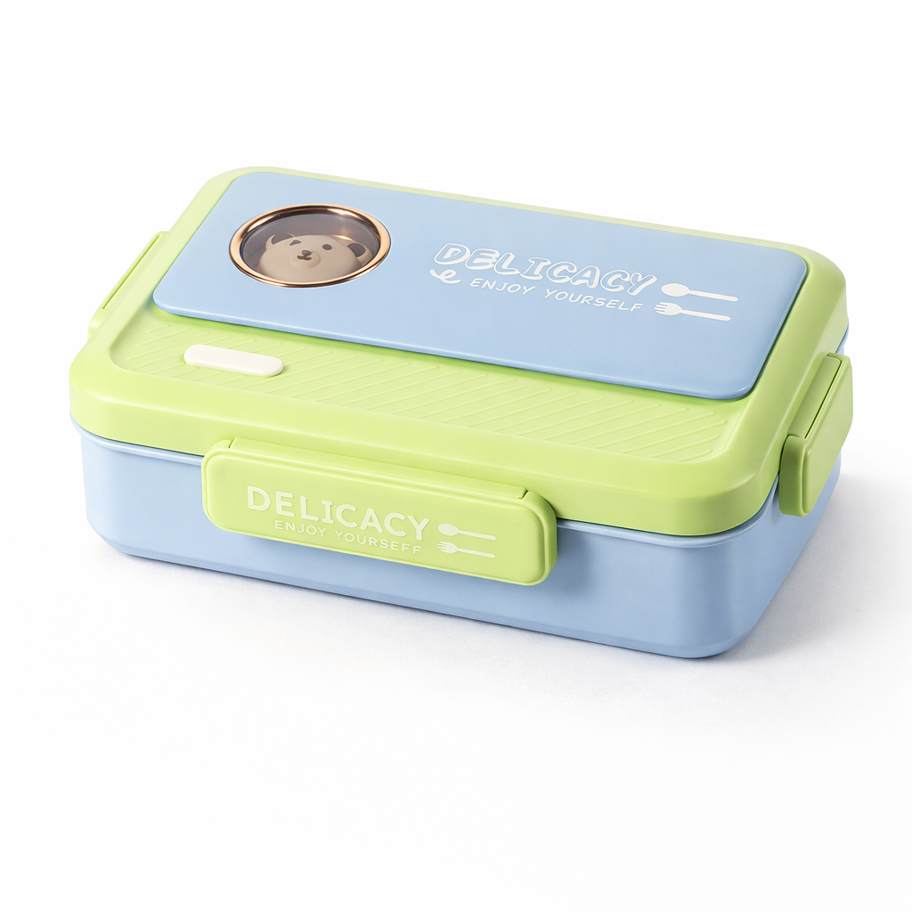 Green and blue lunch box with 'Delicacy' branding on a white background