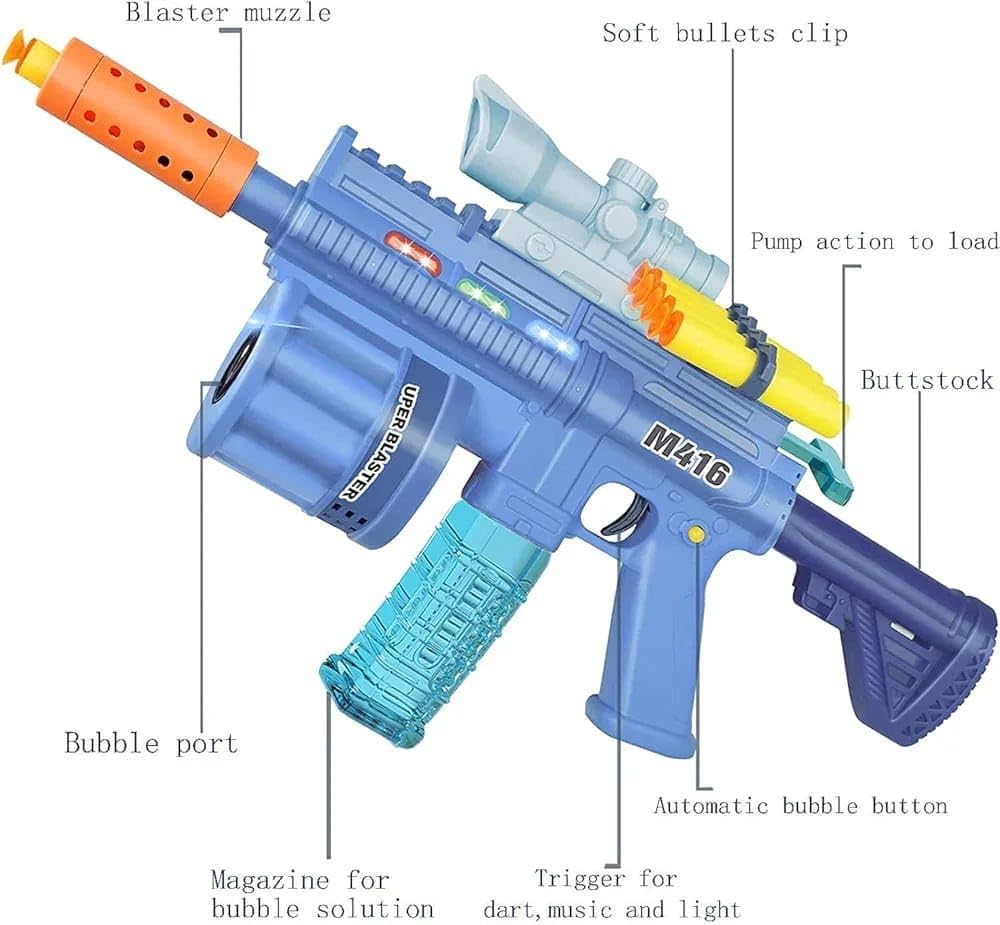 3-in-1 M416 Gel Blaster Gun Toy with Bubble Maker & Light Music – Soft Bullet Foam Dart Blaster with 8 Foam Darts & 2 Bubble Solutions | Kids Outdoor Shooting Toy