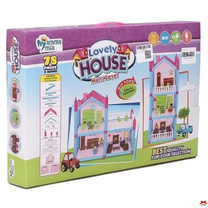 Box of a toy house set with colorful design and text on a white background