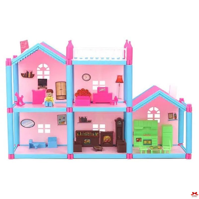 Toy dollhouse with pink and blue exterior and detailed interior furniture on a white background