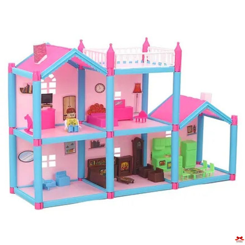 Toy dollhouse with pink and blue exterior and detailed interior furniture on a white background