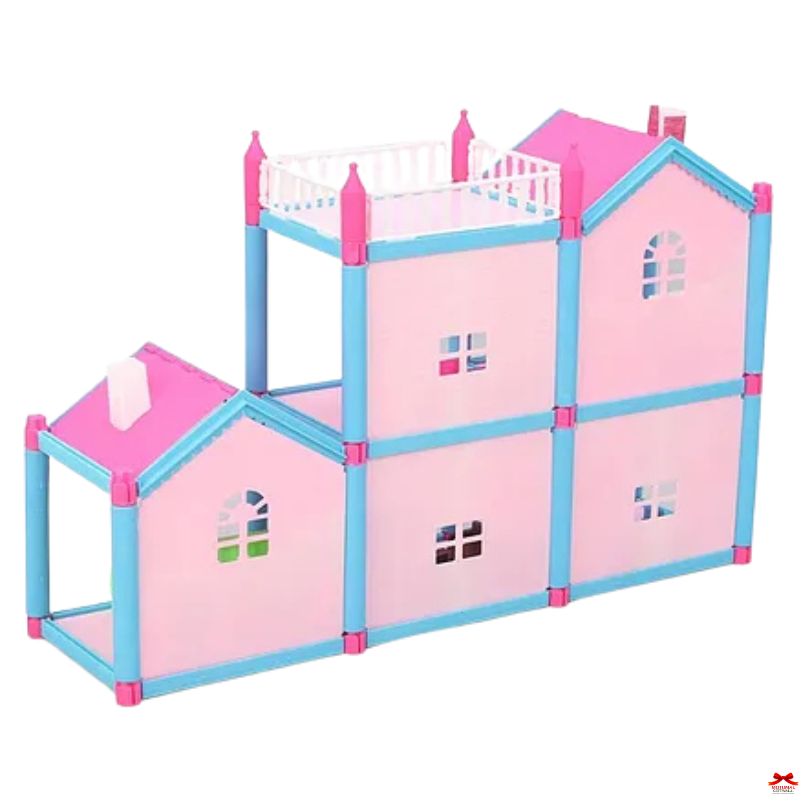 Pink and blue playpen with dollhouse design on a white background