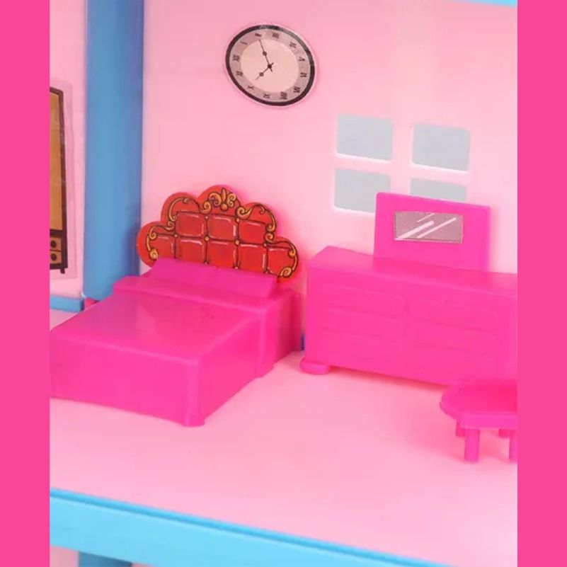 Toy bedroom set with pink furniture and a clock on a pink wall.