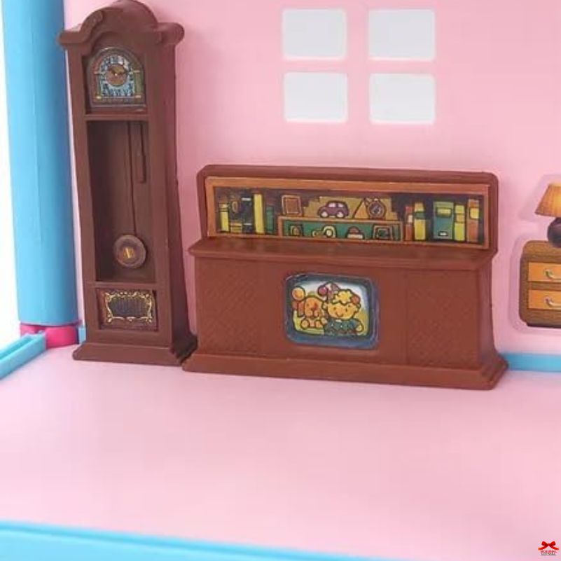 Toy bookshelf with clock against a pink wall
