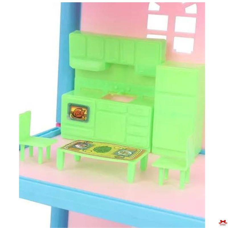 Toy kitchen set with green stove and pink and blue walls