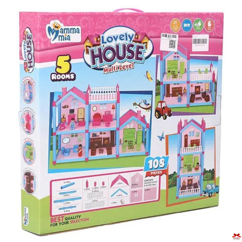 Toy house packaging with colorful design and text on a white background
