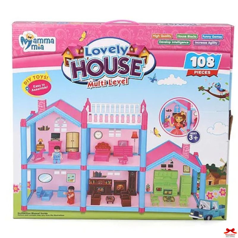 Box of 'Lovely House' toy set with multiple levels and colorful design.