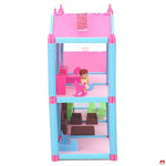 Toy dollhouse with pink and blue colors on a white background