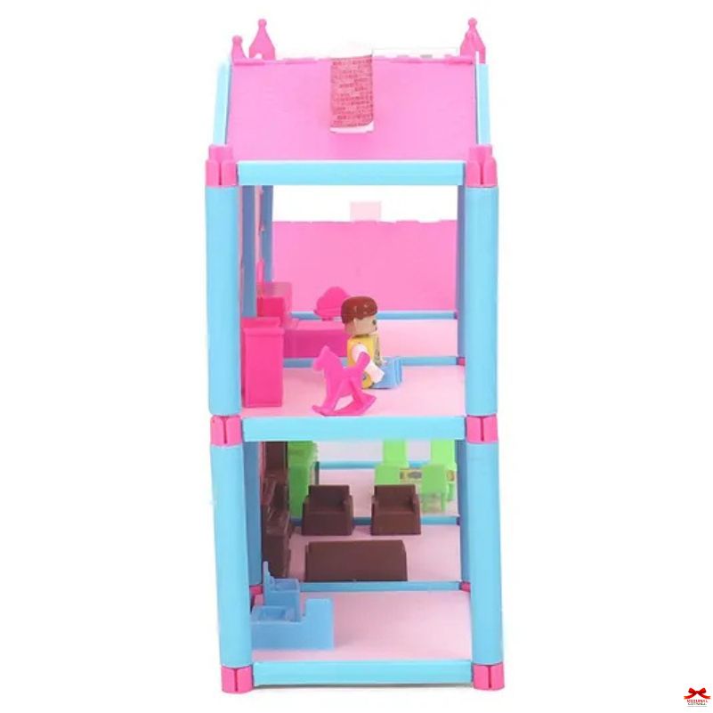 Toy dollhouse with pink and blue colors on a white background