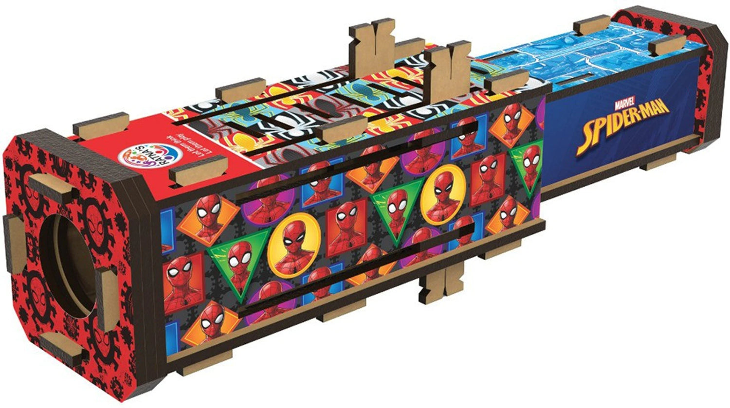 Cardboard toy table with Spider-Man design on a white background